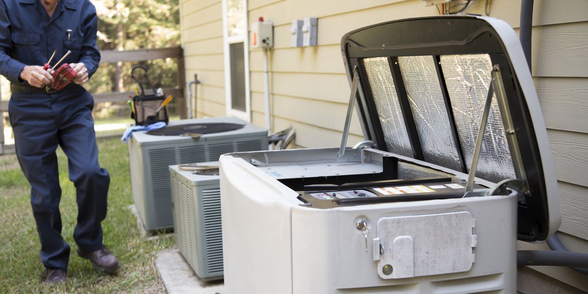 senior adult air conditioner technicianelectrician services outdoor ac unit and the gas generator
